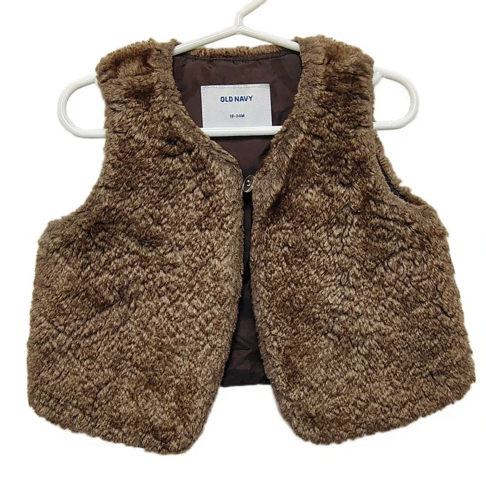 Old Navy Girls Faux Fur Vest Toddler 18-24 Months Brown Fuzzy - Cozy - Picture 3 of 6